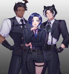Rule 34 | 1girl, 2boys, animal ears, aragami oga, ascot, asymmetrical pants, belt, black belt, black gloves, black hair, black necktie, black pants, black vest, blue eyes, blue hair, blue nails, blue necktie, collared shirt, cowboy shot, dark-skinned male, dark skin, debbie njy, frown, gloves, green eyes, grey ascot, hand on own hip, hashtag-only commentary, highres, hiodoshi ao, hololive, hololive dev is, holostars, horns, jackal boy, jackal ears, jackal tail, kageyama shien, looking at viewer, mole, mole under mouth, multicolored hair, multiple boys, necktie, pants, parted lips, shirt, short hair, single horn, smile, streaked hair, teeth, thigh strap, vest, virtual youtuber, white shirt, yellow eyes
