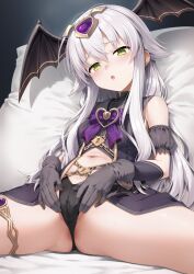 1girl :o absurdres altina_orion altina_orion_(magical_darkness) black_gloves black_panties black_wings blush bow breasts commentary_request commission eiyuu_densetsu fake_head_wings gloves green_eyes hair_between_eyes hajimari_no_kiseki head_wings henria highleg highleg_panties highres long_hair looking_at_viewer navel official_alternate_costume panties parted_lips purple_bow sen_no_kiseki sen_no_kiseki_(series) sen_no_kiseki_iv sitting skeb_commission small_breasts solo stomach thighs tongue underwear white_hair wings