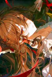 1girl blush bow from_side hair_between_eyes hair_bow hakurei_reimu highres long_hair looking_at_viewer lower_teeth_only open_mouth pkokonatu red_bow red_eyes sidelocks solo teeth touhou