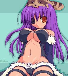 1girl 2000s_(style) animal animal_on_head bad_id black_shorts black_tank_top blue_background blue_sleeves breasts character_name closed_mouth clothing_cutout commentary_request cowboy_shot detached_sleeves expressionless eyepatch fur-trimmed_sleeves fur_trim large_breasts long_hair looking_at_viewer lowleg lowleg_shorts lowres micro_shorts navel oekaki on_head orange_eyes purple_hair raccoon ragnarok_online shigeryun shorts solo stalker_(ragnarok_online) stomach_cutout tank_top underboob v-shaped_eyebrows