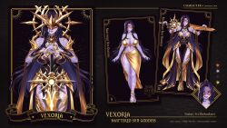 Rule 34 | 1girl, absurdres, artist name, bikini, black dress, black hair, breasts, character name, cleavage, collarbone, color guide, colored skin, dress, eyelashes, eyes in shadow, gold bikini, gold sarong, gold shoes, gold trim, highres, holding, holding sword, holding weapon, indie virtual youtuber, large breasts, long hair, over shoulder, pelvic curtain, pointy ears, purple skin, sandals, shoes, swimsuit, sword, vexoria the sun eater, virtual youtuber, vixylseijin, weapon, weapon over shoulder, yellow eyes