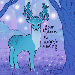 alternate_color animal_focus artist_name bug bush deer english_text firefly flower grass insect looking_at_viewer no_humans original outdoors purple_theme signature thelatestkate tree
