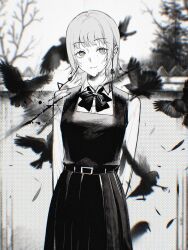 Rule 34 | 1girl, absurdres, bird, chainsaw man, collared shirt, dress, earrings, fami (chainsaw man), fourth east high school uniform, greyscale, highres, ivdimension, jewelry, mole, mole under mouth, monochrome, multiple moles, outdoors, pinafore dress, ringed eyes, school uniform, shirt, sleeveless, sleeveless dress, solo, tree