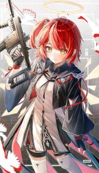 Rule 34 | 1girl, absurdres, animal, aoko (amamiya aoko), arknights, bird, black gloves, black jacket, closed mouth, cowboy shot, dove, exusiai (arknights), exusiai the new covenant (arknights), fingerless gloves, gloves, gun, halo, highres, holding, holding gun, holding weapon, jacket, kriss vector, long sleeves, looking at viewer, one side up, red hair, shirt, short hair, smile, solo, standing, submachine gun, thigh strap, thighhighs, traditional halo, trigger discipline, weapon, white bird, white shirt, white thighhighs, wide sleeves, yellow eyes, yellow halo
