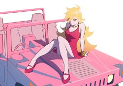1girl ahoge arm_support blonde_hair blue_eyes bracelet breasts car closed_mouth convenient_censoring cropped dress gun high_heels highres hummer jewelry knees_together_feet_apart long_hair medium_breasts motor_vehicle on_car panty_&amp;_stocking_with_garterbelt panty_(psg) psylduck red_dress see-through_(psg) sitting smile solo weapon