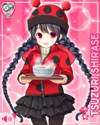 1girl ahoge black_hair black_leggings black_skirt bow bowl card_(medium) character_name food girlfriend_(kari) hair_bow jacket ladybug_costume leggings official_art open_mouth pink_background qp:flapper red_eyes red_jacket shirase_tsuzuri shirase_tuzuri shoes skirt smile solo soup tagme