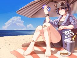 1girl 2024 absurdres animal_ears arm_on_table artist_name bandaid bandaid_on_leg bandaid_on_neck bare_legs barefoot baseball_cap beach beach_towel beach_umbrella beer_can bike_shorts bite_mark blue_hoodie blue_sky bread can cheese cloud cloudy_sky collarbone commentary dated drink_can fake_animal_ears feet fingernails food hat highres hood hood_down hoodie ice_bucket lettuce long_bangs looking_at_another looking_to_the_side looking_up medium_hair ocean on_floor original pale_skin partially_unzipped ponytail sand sandwich scales shadow shiny_skin sky sliced_cheese slit_pupils smirk solo striped_clothes striped_hoodie striped_towel symbol-only_commentary tarola_(xrnl2018) toenails towel umbrella wristband xrnl2018