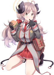1girl absurdres ahoge akane_souichi black_gloves black_horns blue_archive breasts burger curled_horns demon_horns food gloves grey_hair hair_ornament hairclip halo highres horns izumi_(blue_archive) large_breasts long_hair low_twintails miniskirt necktie pleated_skirt red_necktie red_skirt skirt solo twintails yellow_halo