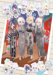 4girls absurdres ahoge alternate_costume animal_ears antenna_hair black_footwear blonde_hair blue_archive blue_eyes blue_hair blue_halo blush braid chibi dog_ears floor_tiles floral_print floral_print_kimono flower food food_in_mouth food_stand fubuki_(blue_archive) grey_eyes grey_hair grey_halo grey_kimono hair_flower hair_ornament hairclip halo hand_fan highres hituji03-24 holding holding_food japanese_clothes kanna_(blue_archive) kimono kirino_(blue_archive) konoka_(blue_archive) leaf looking_at_another multiple_girls night night_sky picture_frame pink_halo print_kimono purple_fan purple_halo red_eyes sandals sky twintails white_hair yukata