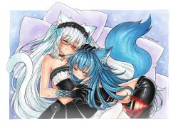 1boy 1girl animal_ear_fluff animal_ears bare_shoulders belt black_belt black_choker black_hairband black_hands black_pants black_shirt black_skirt blue_background blue_bow blue_hair blue_ribbon blue_scales blue_tail border bow cat_ears choker clawed_hands closed_eyes clothing_cutout colored_extremities commentary commission couple dress english_commentary fhenris frilled_dress frilled_hairband frilled_shirt frilled_skirt frills glasses gradient_skin hair_bow hairband happy high-waist_skirt hug kana_(kana616) leg_cutout light_blush long_hair midriff mixed-language_commentary original painting_(medium) pants pendant_choker pillow pink-framed_eyewear ribbon shirt skirt sleeveless sleeveless_dress sleeveless_shirt smile spanish_commentary strapless strapless_dress tail torn_clothes torn_shirt traditional_media twintails twitter_username very_long_hair virtual_youtuber watercolor_(medium) white_border white_hair white_shirt white_tail yumi_koburako