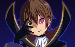 10s 1boy brown_hair chuunibyou_demo_koi_ga_shitai! code_geass cosplay fukuyama_jun geass gloves green_eyes highres lelouch_vi_britannia lelouch_vi_britannia_(cosplay) male_focus oku_no_shi parody short_hair simple_background smile solo togashi_yuuta voice_actor_connection