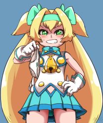 Rule 34 | 1girl, bell, blazblue, blonde hair, blush, clenched teeth, gloves, green eyes, heart, heart-shaped pupils, holding, holding unworn clothes, holding panties, holding underwear, holding unworn clothes, long hair, looking at viewer, muchourin, panties, platinum the trinity, quad tails, simple background, skirt, smile, solo, sweat, symbol-shaped pupils, teeth, underwear, very long hair, white gloves, yuuya (blue scarab)