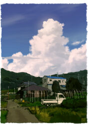 blue_sky building bush cloud cloudy_sky cumulonimbus_cloud day grass motor_vehicle no_humans original outdoors power_lines road scenery sky tree truck utility_pole yk_funa