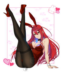 1girl absurdres ahoge alternate_costume animal_ears arm_support black_bow black_bowtie black_pantyhose blue_fire blue_hair bow bowtie breasts colored_inner_hair commentary_request crossed_legs detached_collar double-parted_bangs elizabeth_rose_bloodflame fake_animal_ears fake_tail fire floating_hair hair_between_eyes hair_ornament heart high_heels highres hololive hololive_english huge_ahoge large_breasts legs legs_up leotard long_hair looking_at_viewer multicolored_hair naomi_gumbs_(hanamimi) pantyhose parted_lips playboy_bunny pumps rabbit_ears rabbit_tail red_eyes red_hair red_leotard red_shoes shoe_soles shoes solo strapless strapless_leotard tail teeth thighband_pantyhose thighs very_long_hair virtual_youtuber white_wrist_cuffs wrist_cuffs