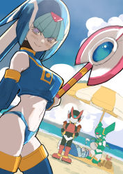1girl 3boys :&gt; :| android beach beach_towel beach_umbrella black_gloves blue_eyes blue_sky bodysuit boots breasts closed_mouth cloud crab cyber_elf_x_(mega_man) dizzy fairy_leviathan_(mega_man) food fried_squid gloves hand_fan highres holding holding_food holding_uchiwa holding_weapon ikayaki mega_man_(series) mega_man_zero_(series) multiple_boys ocean paper_fan polearm robe robot robot_girl sage_harpuia_(mega_man) sky smile spear speech_bubble squid thigh_boots thighhighs towel uchiwa umbrella water weapon white_eyes white_gloves x_(mega_man) zero(z)_(mega_man) zero_(mega_man)