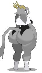 1girl antlers ass blue_eyes bottomless breasts capelet coat curvy detached_leggings eric_lowery eyelashes from_behind from_side frown furry goat_horns goat_tail grey_hair highres hooves horns huge_ass long_ears medium_breasts parody pseudoregalia rabbit_ears short_hair standing style_parody sybil_(pseudoregalia) tailcoat thick_eyebrows thick_thighs thighs white_background wide_hips