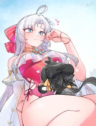 2girls ahoge aqua_eyes bare_shoulders black_bow black_hair blush bow breasts carlotta_(splashing_summer)_(wuthering_waves) carlotta_(wuthering_waves) closed_mouth commentary_request dated female_rover_(wuthering_waves) flying_sweatdrops grey_hair hair_bow hand_up heart highres long_hair looking_at_another looking_down low_ponytail medium_breasts mini_person minigirl multiple_girls off-shoulder_one-piece_swimsuit off_shoulder official_alternate_costume one-piece_swimsuit pink_bow pink_one-piece_swimsuit ponytail rover_(wuthering_waves) signature starblame striped_bow sweatdrop swimsuit thighs very_long_hair wuthering_waves