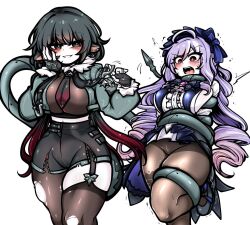 2girls bdsm black_gloves black_hair black_shorts blush bondage bound bright_pupils center_frills cowboy_shot drill_hair fingerless_gloves frills fur-trimmed_sleeves fur_trim gloves grey_jacket grin jacket jane_doe_(zenless_zone_zero) long_sleeves midriff multiple_girls open_mouth pantyhose pantyhose_under_shorts purple_hair short_shorts shorts simple_background single_leg_pantyhose single_thighhigh smile standing tail thighhighs thighs uncolorcube vivian_(zenless_zone_zero) white_background white_pupils zenless_zone_zero