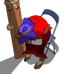 1girl chair delta_silver64 folding_chair frilled_sleeves frills full_body holding leaf leaf_print leaning_forward log long_sleeves maple_leaf maple_leaf_print meme neon_genesis_evangelion purple_hair red_shirt rope sandals shadow shimenawa shinji_in_a_chair_(meme) shirt short_hair short_sleeves shoulder_blades simple_background skirt solo touhou white_background yasaka_kanako