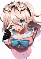 1girl antenna_hair blonde_hair blue_bow blue_eyes bow breasts cleavage commentary danganronpa_(series) danganronpa_v3:_killing_harmony eyelashes fingerless_gloves from_above gloves goggles goggles_on_head hair_between_eyes highres iruma_miu large_breasts long_hair long_sleeves looking_at_viewer lv_k1b0 one_eye_closed open_mouth perspective pink_serafuku pink_shirt school_uniform serafuku shirt skirt solo symbol-only_commentary tongue tongue_out v v_over_eye very_long_hair wavy_hair white_background