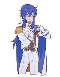 Rule 34 | 1boy, ascot, blue eyes, blue hair, commentary, epaulettes, fire emblem, fire emblem: genealogy of the holy war, fire emblem heroes, formal clothes, gloves, hair between eyes, highres, julianlynnnn, long hair, long sleeves, male focus, nintendo, official alternate costume, pants, ponytail, seliph (fire emblem), seliph (light&#039;s legacy) (fire emblem), sidelocks, simple background, smile, solo, suit, symbol-only commentary, white ascot, white background, white gloves, white pants, white suit