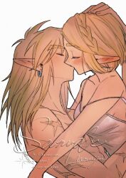 1boy 1girl artist_name bare_shoulders blonde_hair blush braid breasts closed_eyes couple crown_braid earrings hair_between_eyes hand_on_another&#039;s_head hetero highres jewelry kiss lingerie link long_hair medium_breasts mouyi nintendo parted_bangs pointy_ears princess_zelda sample_watermark scar scar_on_arm scar_on_chest short_hair sideboob sidelocks signature strap_slip the_legend_of_zelda the_legend_of_zelda:_tears_of_the_kingdom thick_eyebrows topless_male underwear upper_body watermark white_background white_negligee