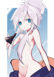 Rule 34 | 1girl, absurdres, blue eyes, commentary request, convenient censoring, cowboy shot, deux murasame, groin, gundam, gundam gquuuuuux, hair censor, highres, holding, holding mask, mask, mecha pilot suit, navel, solo, stomach, topless female, unworn mask, updo, white hair, yonagi white