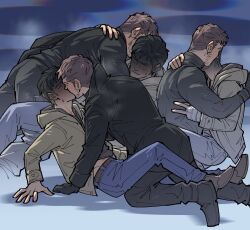 Rule 34 | 2boys, arm support, bandaged hand, bandages, beard stubble, belt, black belt, black coat, black footwear, black gloves, black shirt, blonde hair, blue pants, brown footwear, brown hair, chris redfield, clenched teeth, coat, collared coat, couple, denim, ethan winters, facial hair, gloves, hand on another&#039;s back, highres, hood, hood down, hoodie, jeans, kalamari, kiss, kneeling, long sleeves, male focus, midriff peek, multiple boys, multiple views, pants, resident evil, resident evil village, shaded face, shirt, short hair, sitting, stubble, sweat, sweatdrop, teeth, yaoi, yellow hoodie