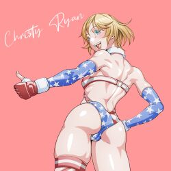 absurdres american_flag american_flag_bikini american_flag_print ass bikini blonde_hair breasts cameltoe cowboy_shot daikokuya_yenjaku elbow_gloves flag_print flag_print_bikini from_behind gloves highres medium_breasts multicolored_eyes open_mouth original padded_gloves pink_background print_bikini short_hair swimsuit thumbs_up
