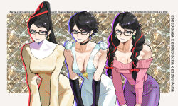 1girl absurdres alternate_costume bayonetta bayonetta_(series) bayonetta_1 bayonetta_2 bayonetta_3 black_hair blue_eyes braid braided_twintails breasts cleavage_cutout clothing_cutout commentary diamond-shaped_earrings dress earrings elbow_gloves english_commentary floating_earrings glasses gloves highres jewelry large_breasts leaning_forward long_hair long_skirt long_sleeves makeup mole mole_under_mouth multicolored_hair multiple_persona off-shoulder_sweater off_shoulder park_ongjol pink_sweater purple_lips purple_skirt short_hair skirt sleeveless sleeveless_dress smile streaked_hair sweater triangle_earrings twin_braids very_long_hair white_dress yellow_dress
