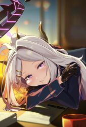 1girl absurdres ahoge black_gloves black_halo blue_archive coffee_mug cup demon_girl demon_horns desk gloves halo highres hina_(blue_archive) horns indoors long_hair looking_at_viewer mug paper purple_eyes sitting solo suppa_(hagakuresuppa) twilight very_long_hair white_hair