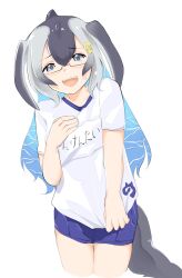 1girl anchor_symbol blowhole blue_eyes blue_hair blue_shorts blue_whale_(kemono_friends) blush cetacean_tail cowboy_shot dorsal_fin embarrassed fins fish_tail grey_hair gym_shirt gym_uniform hair_between_eyes highres kamisamanosaba kemono_friends long_hair looking_at_viewer multicolored_hair name_tag official_alternate_costume open_mouth semi-rimless_eyewear shirt short_shorts short_sleeves shorts sidelocks solo sweatdrop t-shirt tail whale_girl white_shirt