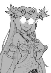 1girl :3 armlet bare_shoulders belt breasts chain chain_necklace commentary detached_sleeves dress english_commentary gingrjoke glasses greyscale hand_on_own_chest highres jewelry kid_icarus kid_icarus_uprising long_hair looking_at_viewer monochrome necklace nintendo palutena round_eyewear simple_background sketch smile solo sparkle tiara white_background