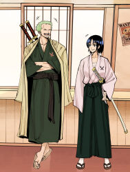 1boy 1girl commentary crossed_arms full_body green_hair hakama hand_on_own_hip highres indoors japanese_clothes nadainishi one_piece open_mouth roronoa_zoro sandals sash shimotsuki_kuina short_hair socks sword sword_on_back wanted_poster weapon weapon_on_back white_socks wide_sleeves