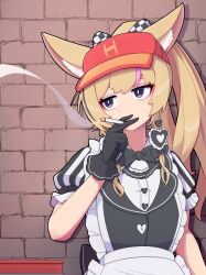 1girl absurdres against_wall alley animal_ears apron averting_eyes back_bow black_bow black_bowtie black_dress black_eyes black_gloves black_vest blonde_hair bow bowtie brick_wall bright_pupils buttons cigarette dress earrings expressionless facing_viewer fox_ears frilled_sleeves frills gloves hat heart heart_button heart_earrings high_ponytail highres holding holding_cigarette hololive jewelry long_hair multicolored_hair official_alternate_color official_alternate_costume official_alternate_hairstyle omaru_polka omaru_polka_(6th_costume) pink_hair ponytail puffy_short_sleeves puffy_sleeves red_hat shirt short_sleeves sideways_glance smoking solo streaked_hair upper_body vertical-striped_sleeves vest virtual_youtuber visor_cap waist_apron waitress white_apron white_pupils white_shirt yokoshima020