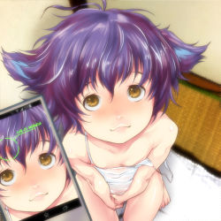 Rule 34 | 1girl, battery indicator, blush, cellphone, closed mouth, dress, female focus, gekkou (geccomajin), highres, holding, holding phone, looking up, off shoulder, original, phone, short hair, sitting, smartphone, solo, sundress, sweat, white dress