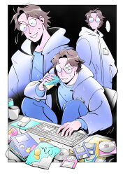 ... 1boy absurdres black_background blush book border brown_hair can cd chun_(moonlessgown) computer_keyboard cup fingernails floppy_disk glasses grin hal_emmerich highres holding holding_can knees_up long_sleeves male_focus metal_gear_(series) metal_gear_solid mousepad_(object) multiple_views nervous short_hair sitting smile spoken_ellipsis sweatdrop white_border