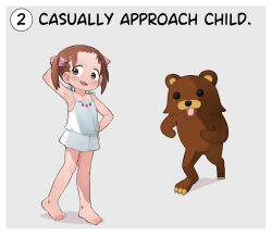 1girl :d arm_up armpits barefoot bear brown_eyes brown_hair camisole casually_approach_child_(meme) full_body hair_ribbon highres ichigo_mashimaro loli matsuoka_miu meme model_pose open_mouth pedobear pink_ribbon ribbon short_twintails skirt smile solo standing twintails white_camisole white_skirt yokappa_(jokappa)
