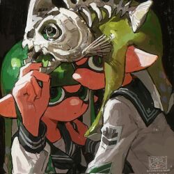 2girls black_neckerchief blue_sailor_collar blunt_bangs closed_mouth commentary corrupted_twitter_file expressionless fish_skeleton green_eyes green_hair hand_on_another&#039;s_shoulder hand_on_headwear highres inkling inkling_girl inkling_player_character long_hair long_sleeves looking_at_viewer miko_(15476997) multiple_girls neckerchief nintendo pointy_ears sailor_collar sailor_shirt shirt splatoon_(series) symbol-only_commentary tentacle_hair white_shirt