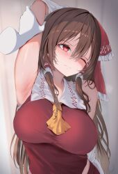Rule 34 | 1girl, 258n, absurdres, armpits, arms up, bow, breasts, brown hair, detached sleeves, disembodied hand, grabbing, hair bow, hakurei reimu, highres, jacket, large breasts, nontraditional miko, red bow, red eyes, red jacket, red skirt, skirt, solo, sweat, touhou, white background, white sleeves