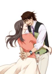 Rule 34 | 10s, 1boy, 1girl, anth, bad id, brown eyes, brown hair, couple, facial hair, hetero, hug, husband and wife, jewelry, kaburagi t. kotetsu, kaburagi tomoe, long hair, necktie, ring, stubble, tiger &amp; bunny, vest, waistcoat, watch, wedding band, wristwatch