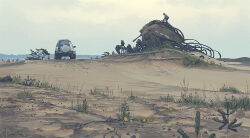 1boy 1girl abandoned cable car cloud cloudy_sky dilapidated gun honda honda_cr-v motor_vehicle non-humanoid_robot plant robot rust sand simon_stalenhag sky sports_utility_vehicle swedish_machines weapon wheel
