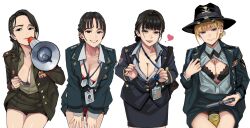 4girls black_hair blonde_hair breasts brown_hair can cleavage drink_can gun highres holding holding_gun holding_weapon id_card japan_ground_self-defense_force japan_self-defense_force korean_people&#039;s_army looking_at_viewer military military_dress_uniform military_uniform mole mole_on_breast mole_under_eye multiple_girls open_mouth original republic_of_korea_army simple_background smile wani_(perfect_han) weapon white_background