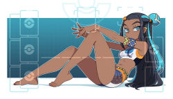 1girl absurdres armband armlet bare_arms bare_legs bare_shoulders barefoot belly_chain black_hair blue_eyes blue_eyeshadow blue_hair breasts commentary crop_top dark-skinned_female dark_skin earclip earrings english_commentary eyeshadow feet from_side full_body highres hoop_earrings jewelry legs long_hair looking_at_viewer makeup midriff multicolored_hair navel nessa_(pokemon) nintendo outline outstretched_arms parted_lips pokemon pokemon_swsh short_shorts shorts simple_background sitting small_breasts solo streaked_hair tobias_wheller toes two-tone_hair viewfinder white_outline