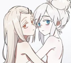 2girls bags_under_eyes blonde_hair blue_eyes blush colored_eyelashes commentary_request convenient_censoring deux_murasame freckles gakuen_idolmaster gundam gundam_gquuuuuux hair_ornament hairclip half-closed_eyes idolmaster kisaragi_shokuin long_hair looking_at_viewer multiple_girls nude orange_eyes parted_lips purple_pupils shinosawa_hiro simple_background updo upper_body white_background white_eyelashes white_hair