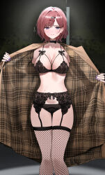 1girl absurdres alternate_costume black_bra black_garter_belt black_panties black_thighhighs blush bra breasts brown_hair choker coat commentary exhibitionism feet_out_of_frame fingernails fishnet_thighhighs fishnets flashing garter_belt gluteal_fold heart heart_choker highres higuchi_madoka idolmaster idolmaster_shiny_colors large_breasts long_hair looking_at_viewer mole mole_under_eye nail_polish nervous_sweating outdoors panties pdal_(pdalhhh) public_indecency purple_eyes purple_nails short_hair solo sweat thigh_gap thighhighs trembling trench_coat underwear