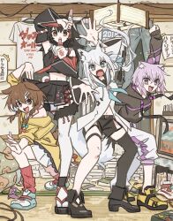 4girls ahoge animal_ear_fluff animal_ear_piercing animal_ears aqua_eyes bare_shoulders black_hair black_hoodie black_shorts black_tail black_thighhighs blue_neckerchief braid breasts brown_hair cat_ears cat_girl cat_tail crossed_bangs detached_sleeves dog_ears dog_girl dog_tail double-parted_bangs dress earrings extra_ears fox_ears fox_girl fox_tail front_slit highres hololive hololive_gamers hood hoodie indoors inugami_korone inugami_korone_(1st_costume) jacket jewelry large_breasts long_hair low-tied_long_hair medium_breasts midriff multicolored_hair multicolored_tail multiple_girls navel neckerchief nekomata_okayu nekomata_okayu_(1st_costume) ookami_mio ookami_mio_(1st_costume) pants pleated_skirt purple_hair red_hair sailor_collar sandals shirakami_fubuki shirakami_fubuki_(1st_costume) shorts side_braid sidelocks single_braid single_earring single_thighhigh skirt streaked_hair tail tauyoshi728 thigh_strap thighhighs twin_braids virtual_youtuber white_dress white_hair white_hoodie white_pants white_tail white_thighhighs wide_sleeves wolf_ears wolf_girl wolf_tail yellow_jacket