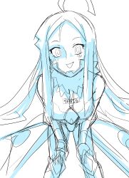 1girl armor armored_gloves armored_leotard bend bending_forwards blush breasts butterfly_wings cleavage digimon digimon_(creature) female_focus fur_collar hands_on_own_knees happy highres hudiemon insect_wings leotard long_hair looking_at_viewer medium_breasts open_mouth ph6xeivbgpimggg skirt smile solo upper_body wings
