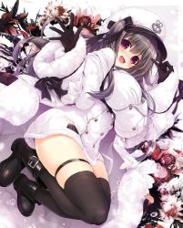 1girl ankle_boots azur_lane black_gloves black_thighhighs blush boots breasts coat flower full_body fur-trimmed_coat fur-trimmed_sleeves fur_trim glint gloves grey_hair hair_ribbon hat highres large_breasts long_hair looking_at_viewer one_side_up open_mouth oshiki_hitoshi padded_coat pamiat_merkuria_(azur_lane) purple_eyes ribbon russian_clothes skindentation solo thigh_strap thighhighs v water_drop