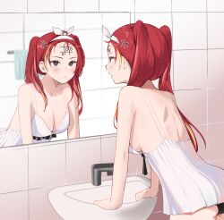 1girl akane_lize anger_vein arm_support artistic_error back bad_reflection bare_arms bare_shoulders bathroom black_panties black_ribbon blonde_hair blush bow_hairband breasts chemise cleavage closed_mouth collarbone commentary cowboy_shot faucet forehead forehead_writing frilled_chemise from_behind frown grey_eyes hair_over_shoulder hair_ribbon hairband highres indoors large_breasts leaning_forward long_hair looking_at_mirror mirror mole mole_under_eye multicolored_hair panties pienna_(akane_lize) red_hair red_pupils reflection ribbon sideboob sink solo spaghetti_strap stellive streaked_hair talnory thick_eyelashes tic-tac-toe tile_wall tiles twintails underwear v-shaped_eyebrows virtual_youtuber white_chemise white_hairband white_ribbon